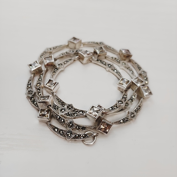 Vintage Marsala Sterling Silver Bib Necklace with Marcasite and CZ's 16 inch - Picture 6 of 13